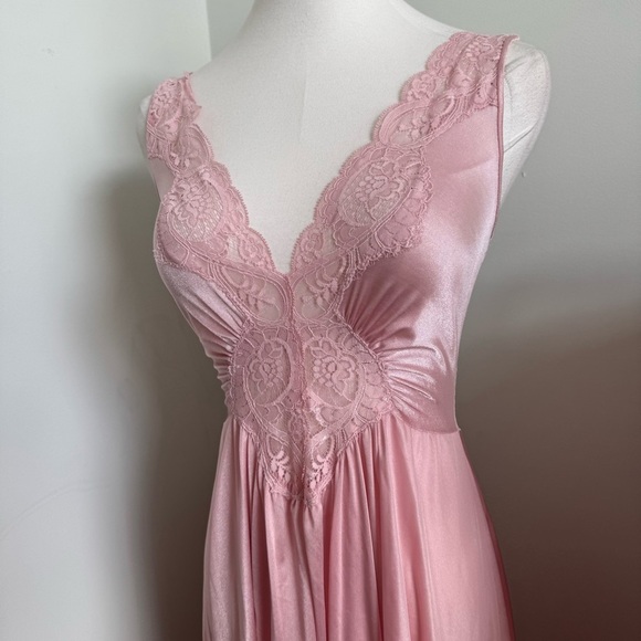 Vintage Pink Lace Robe & Slip Set 70s Satin Lingerie Peignoir Dressing Gown S/m - Picture 6 of 14